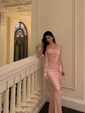 Niulatu Mermaid Straps Neckline Backless Silk Satin Pink Slit Prom Dresses Birthday Outfits SD301