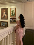 Niulatu Mermaid Straps Neckline Backless Silk Satin Pink Slit Prom Dresses Birthday Outfits SD301