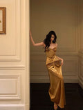 Niulatu Mermaid Spaghetti Straps Gold Velvet Long Prom Dresses Birthday Outfits SD302