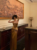 Niulatu Mermaid Spaghetti Straps Gold Velvet Long Prom Dresses Birthday Outfits SD302