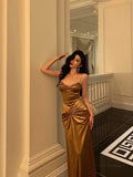 Niulatu Mermaid Spaghetti Straps Gold Velvet Long Prom Dresses Birthday Outfits SD302