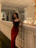 Niulatu Mermaid Strapless Ombre Burgundy Satin Slit Long Prom Dresses Birthday Outfits SD303