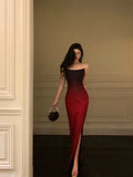 Niulatu Mermaid Strapless Ombre Burgundy Satin Slit Long Prom Dresses Birthday Outfits SD303