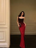 Niulatu Mermaid Strapless Ombre Burgundy Satin Slit Long Prom Dresses Birthday Outfits SD303