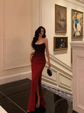 Niulatu Mermaid Strapless Ombre Burgundy Satin Slit Long Prom Dresses Birthday Outfits SD303