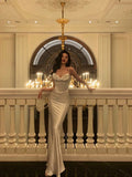 Niulatu Mermaid Spaghetti Straps White Silk Satin Long Prom Dresses Birthday Outfits SD305