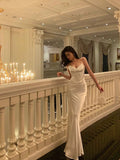 Niulatu Mermaid Spaghetti Straps White Silk Satin Long Prom Dresses Birthday Outfits SD305