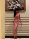 Niulatu Sheath Pink Floral 2 Pieces Long Sleeves Prom Dresses Birthday Outfits SD309