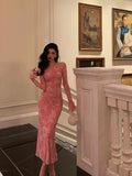 Niulatu Sheath Pink Floral 2 Pieces Long Sleeves Prom Dresses Birthday Outfits SD309