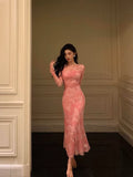 Niulatu Sheath Pink Floral 2 Pieces Long Sleeves Prom Dresses Birthday Outfits SD309