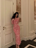 Niulatu Sheath Pink Floral 2 Pieces Long Sleeves Prom Dresses Birthday Outfits SD309