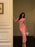 Niulatu Sheath Pink Floral 2 Pieces Long Sleeves Prom Dresses Birthday Outfits SD309