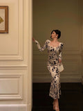Niulatu Sheath Black Floral Velvet Long Sleeves Prom Dresses Birthday Outfits SD310