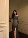 Niulatu Sheath Floral 2 Pieces Long Sleeves Slit Prom Dresses Birthday Outfits SD311