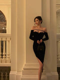 Niulatu Sheath Off The Shoulder Black Velvet Slit Mid Length Prom Dresses Birthday Outfits SD312