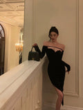 Niulatu Sheath Off The Shoulder Black Velvet Slit Mid Length Prom Dresses Birthday Outfits SD312