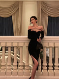 Niulatu Sheath Off The Shoulder Black Velvet Slit Mid Length Prom Dresses Birthday Outfits SD312