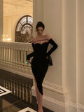 Niulatu Sheath Off The Shoulder Black Velvet Slit Mid Length Prom Dresses Birthday Outfits SD312