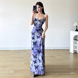 Niulatu Sheath Spaghetti Straps Purple Butterfly Print Lace Casual Dress Beach Holiday Dresses SD314