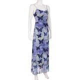 Niulatu Sheath Spaghetti Straps Purple Butterfly Print Lace Casual Dress Beach Holiday Dresses SD314