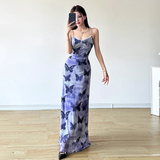 Niulatu Sheath Spaghetti Straps Purple Butterfly Print Lace Casual Dress Beach Holiday Dresses SD314