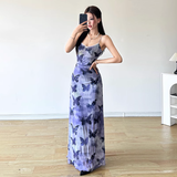 Niulatu Sheath Spaghetti Straps Purple Butterfly Print Lace Casual Dress Beach Holiday Dresses SD314