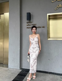 Niulatu Sheath Spaghetti Straps Champagne Butterfly Print Lace Casual Dress Beach Holiday Dresses SD315