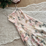Niulatu A line Spaghetti Straps Pink Floral Dress Long Holiday Dresses SD317