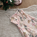 Niulatu A line Spaghetti Straps Pink Floral Dress Long Holiday Dresses SD317