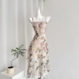 Niulatu A line Spaghetti Straps Pink Floral Dress Long Holiday Dresses SD317
