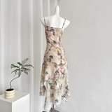Niulatu A line Spaghetti Straps Pink Floral Dress Long Holiday Dresses SD317