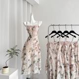 Niulatu A line Spaghetti Straps Pink Floral Dress Long Holiday Dresses SD317