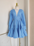Niulatu A line V Neckline Long Sleeves Spring Blue Casual Dress Beach Holiday Dresses SD323