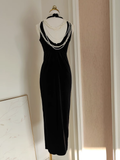 Niulatu Sheath High Neckline Black Travel Vacation Dresses Velvet Birthday Dress SD326