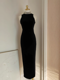 Niulatu Sheath High Neckline Black Travel Vacation Dresses Velvet Birthday Dress SD326