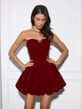 Niulatu A Line Strapless Burgundy Velvet Ruffles Vacation Dresses Short Birthday Outfits SD336