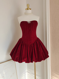 Niulatu A Line Strapless Burgundy Velvet Ruffles Vacation Dresses Short Birthday Outfits SD336