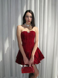 Niulatu A Line Strapless Burgundy Velvet Ruffles Vacation Dresses Short Birthday Outfits SD336