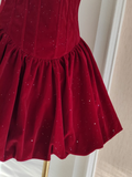 Niulatu A Line Strapless Burgundy Velvet Ruffles Vacation Dresses Short Birthday Outfits SD336