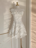 Niulatu A line Straps Sleeveless Floral White Party Dress Short Holiday Dresses SD338