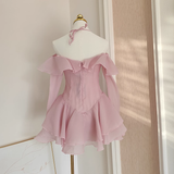 Niulatu A Line Halter Ruffles Pink Vacation Dresses Short Chiffon Birthday Outfits SD342