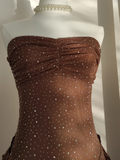 Niulatu Sheath Strapless Ruffles Tulle Brown Vacation Dresses Short Birthday Outfits SD345