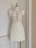 Niulatu A line Boat Short Sleeves Satin White Party Dress Short Holiday Dresses SD347
