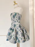 Niulatu A line Strapless Sleeveless Blue Floral Party Dress Short Birthday Dresses SD353