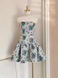 Niulatu A line Strapless Sleeveless Blue Floral Party Dress Short Birthday Dresses SD353