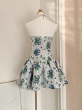 Niulatu A line Strapless Sleeveless Blue Floral Party Dress Short Birthday Dresses SD353