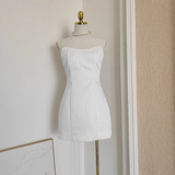 Niulatu A line Strapless Sleeveless White Satin Party Dress Short Birthday Dresses With Cape SD354