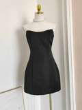Niulatu A line Strapless Sleeveless Black Satin Party Dress Short Birthday Dresses With Cape SD355
