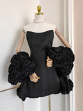 Niulatu A line Strapless Sleeveless Black Satin Party Dress Short Birthday Dresses With Cape SD355