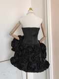 Niulatu A line Strapless Sleeveless Black Satin Party Dress Short Birthday Dresses With Cape SD355